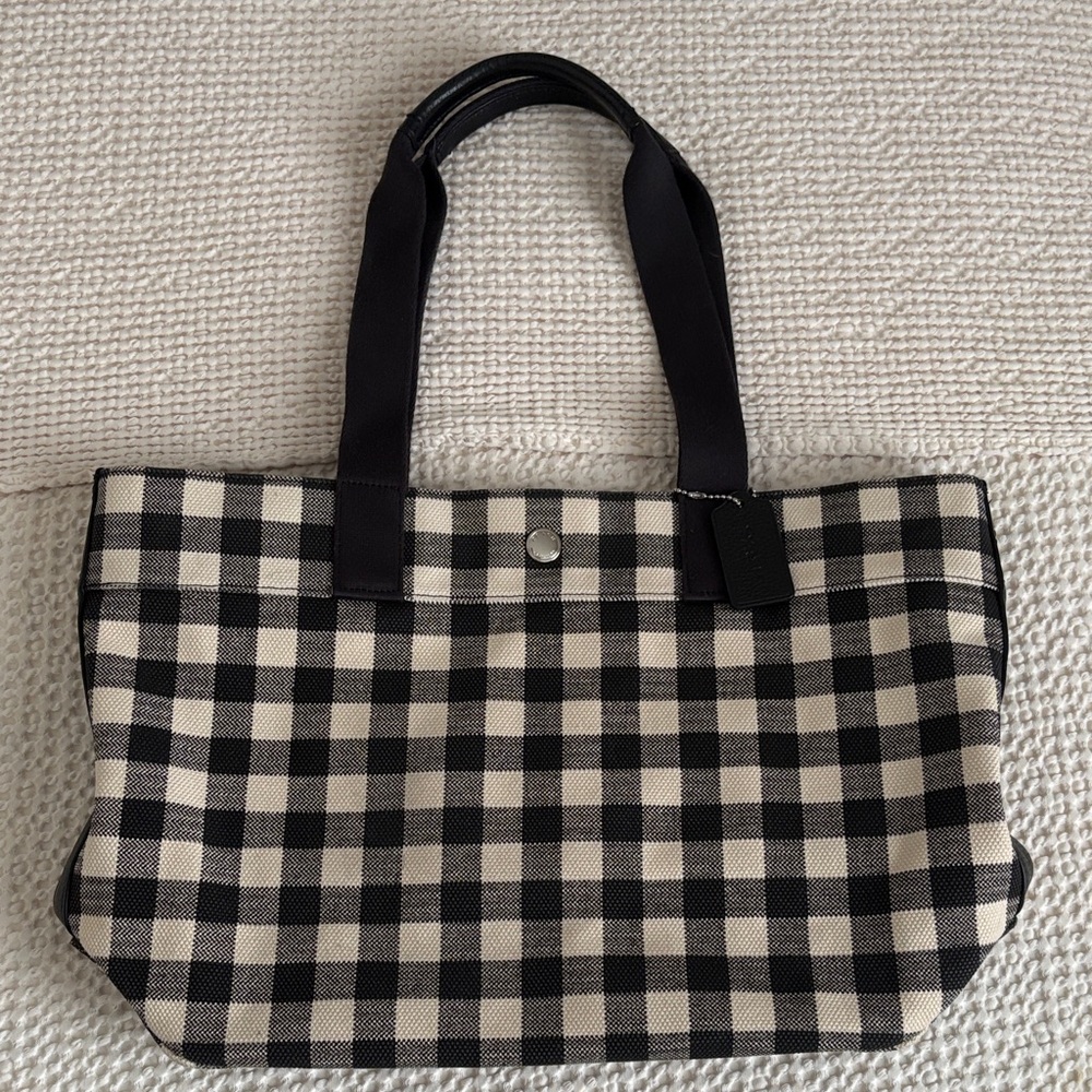 Coach summer picnic Black and White Woven Canvas Checkered Tote Bag - Picture 8 of 9